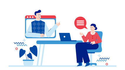 Virtual meeting between two people, suitable for businesses, remote work, online communication, video conferencing concepts, website design, and social media.