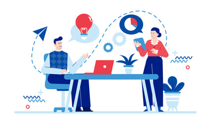 Man sharing idea with woman holding chart, brainstorming business strategy, collaboration concept, team meeting, startup discussion, creative solutions presentation.