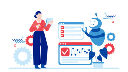 Woman using a tablet next to a robot. AI assistant supporting business decisions.