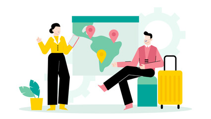 Two people discussing travel plans while examining a map. Ideal for travel blogs, vacation brochures, tourism websites, adventure magazines.