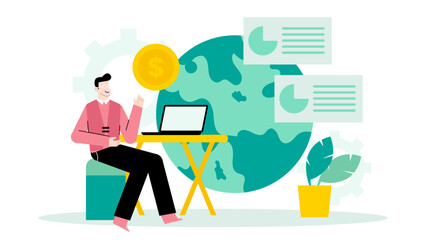 Man at desk with laptop, gold coin, potted plant. Suitable for financial, business, investment, work from home concepts.