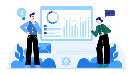 Two people discussing data on a screen; suitable for technology, business communication, teamwork, analytics, collaboration, office setting visuals.