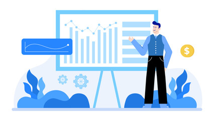 Man giving a presentation on a whiteboard, suitable for business presentations, educational materials, training courses, and online tutorials.