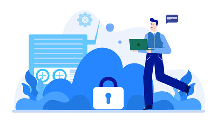 Man holds a laptop and a padlock. Suitable for cybersecurity, data protection, technology concepts. Security, IT services, privacy visuals.