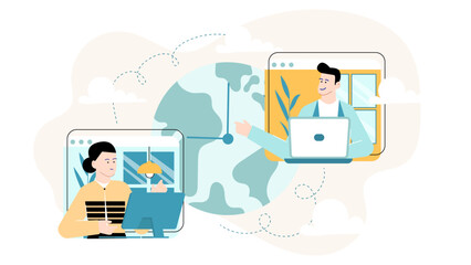 Two people collaborating on laptops with a world map in between; ideal for teamwork, global business, technology, remote work concepts.