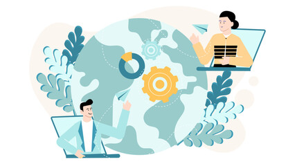 Two people on laptops connected by a world, ideal for illustrating telecommuting, global collaboration, remote work, technology teamwork concepts.