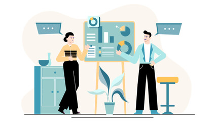 Two people, whiteboard with graphs and charts. Ideal for business presentations, teamwork, strategic planning, analytics, collaboration, and brainstorming sessions.