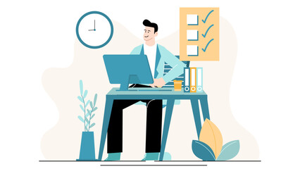 Man working on a computer at a desk. Suitable for technology, office, work, productivity, and remote work concepts in design.