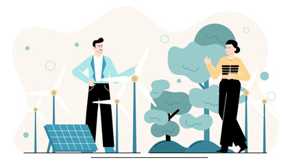 Two people by wind turbines and solar panels, showcasing renewable energy, sustainable living, ecofriendly practices; suitable for environmental concept.