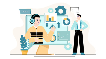 Two men analyzing charts and graphs on a computer screen. Suitable for business, finance, teamwork, strategy, and data analysis concepts.