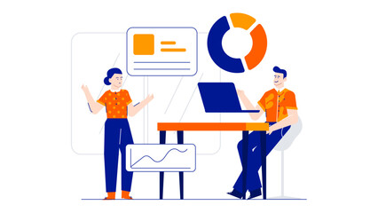 Businesswoman presenting to a businessman at a meeting table. Suitable for presentations, business concepts, collaboration, teamwork, communication, and brainstorming scenes.