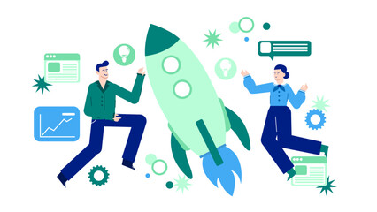 Green rocket with two people beside it, symbolizing teamwork, innovation, success. Suitable for startup business concepts, teamwork illustrations.
