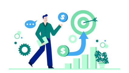 Man confidently walks towards a target and plant outdoors. Ideal for motivating concepts, success strategies, and personal growth themes.