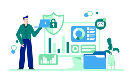 Man working on laptop with computer screen showing folder graphs and padlock. Perfect for cybersecurity, data analysis, and business concepts.