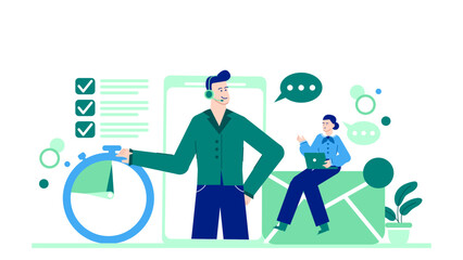 Man and woman working together in office setting. Call center, customer service, teamwork concept for business and technology presentations.