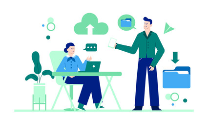 Couple talking about data transfer, teamwork, technology, communication, sharing files, digital collaboration, office work, professional meeting, data sharing, consultants.