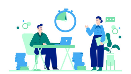 Business team collaborating in a modern office. Perfect for illustrating teamwork, office dynamics, workplace communication, and remote work concepts.