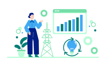 Woman pointing to a graph with lightbulb and gears, great for illustrating innovation, creativity, scientific discoveries, business growth concepts.