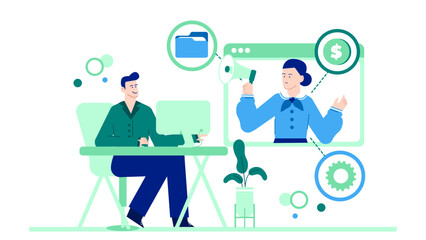 Man sitting at a desk, watching a woman on a computer screen. Suitable for technology, online communication, virtual meeting concepts.