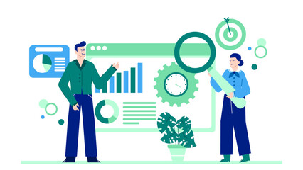 Two people analyzing data visuals, suitable for business presentations, financial reports, marketing materials, teamwork concepts, technology themes.