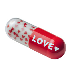 Red capsule filled with tiny hearts and the word LOVE, a conceptual representation of love medicine or romantic feelings.