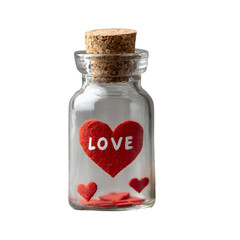 A tiny glass jar holds a charming red felt heart inscribed with LOVE, surrounded by smaller hearts...
