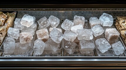 Clear ice cubes in trays, refrigerated display