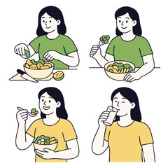 Healthy eating habits are showcased through person enjoying various meals, including salads