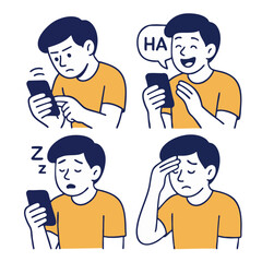 Series of four illustrations showing person experiencing different emotions while using