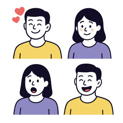 Happy expressions and emotions illustrated in cartoon style, showcasing love and surprise