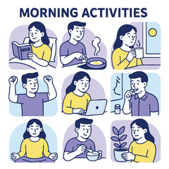 Morning activities include reading, cooking, enjoying coffee, and practicing mindfulness