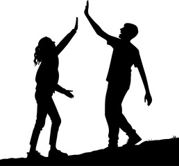 Silhouette of Two Friends High-Fiving on a Trail Celebrating Success and Connection