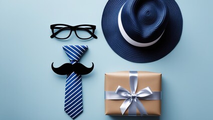 Fathers day concept with hat, glasses and tie on blue background