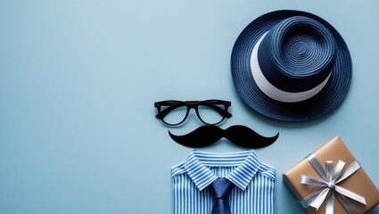 Fathers day concept with hat, glasses and tie on blue background
