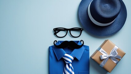 Fathers day concept with hat, glasses and tie on blue background