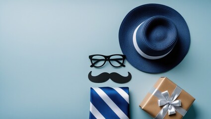Fathers day concept with hat, glasses and tie on blue background