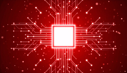Central Processing Unit: Digital red-glowing circuit board showcasing a central processing unit (CPU), a symbol of modern computer technology. The design radiates efficiency and connectivity. 