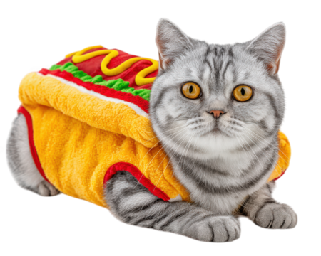 Playful American Shorthair cat dressed in hot dog costume, showcasing its adorable features and vibrant outfit. This charming feline is sure to bring smiles and joy to anyone who sees it