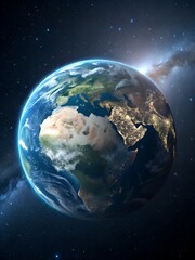 Fototapeta premium Earth from space, focusing on Africa and parts of Europe and Asia. The planet is partially illuminated, with city lights visible on the night side, particularly in Europe and India.