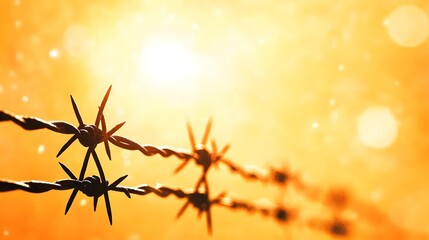 Barbed wire fence against a vibrant sunset