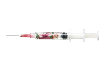 A clear plastic syringe decorated with a floral pattern featuring pink and purple hibiscus-like flowers, set against a black background