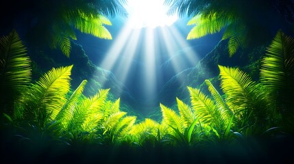 Fototapeta premium Lush jungle scene, sunlight beams through foliage