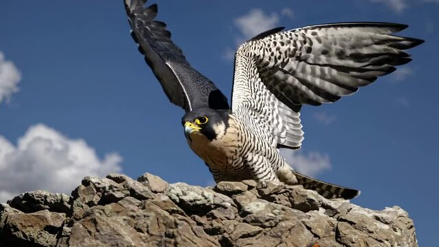 A low-angle video shot of a peregrine falcon perched on rocky terrain against a backdrop of a clear blue sky with scattered clouds.
