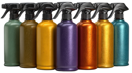 A Symphony of Sprays: An organized assembly of spray bottles, each in a different hue, stands tall and inviting, promising cleanliness and ease in home care.