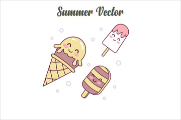 Cute Summer Ice Cream Vector Collection. Kawaii Summer Dessert Clipart for Kids.