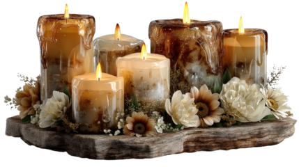 Warm Candlelit Ambiance: Five flickering candles, each unique in texture and hue, emanate warmth and tranquility, their gentle flames casting a soft glow upon the scene.