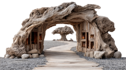 Majestic Woodland Archway: A rustic, hand-carved wooden archway, framed by weathered timbers and intricate textures, frames a path that beckons towards a mystical, distant tree.