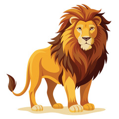 Obraz premium A powerful lion with a magnificent mane stands alert against a white background, looking to the right