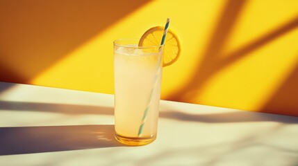 Refreshing citrus beverage with lemon slice and straw against vibrant yellow background