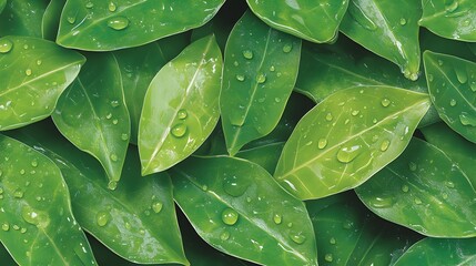 Fototapeta premium Close-up of lush green leaves, covered in water droplets